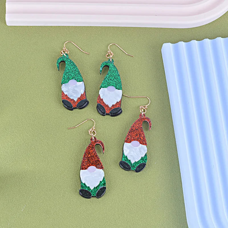 Acrylic Santa Claus cartoon character fashion earrings showing red, green, and red-green hat style options.