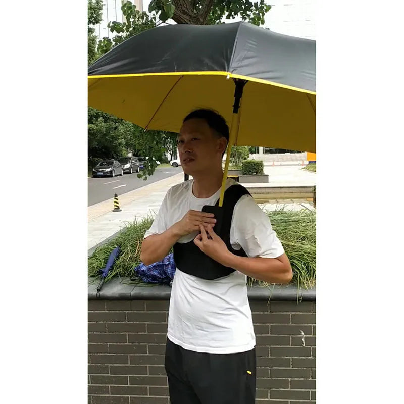 Black portable umbrella holder with shoulder strap for hands-free use with a 10-bone manual umbrella.