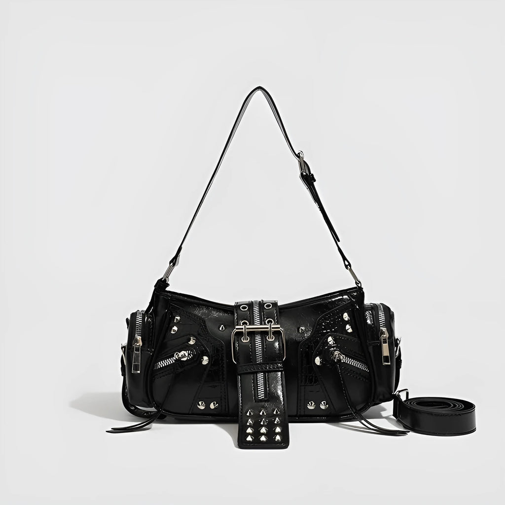 Black retro PU leather dumpling handbag with oil wax finish and three-dimensional pocket