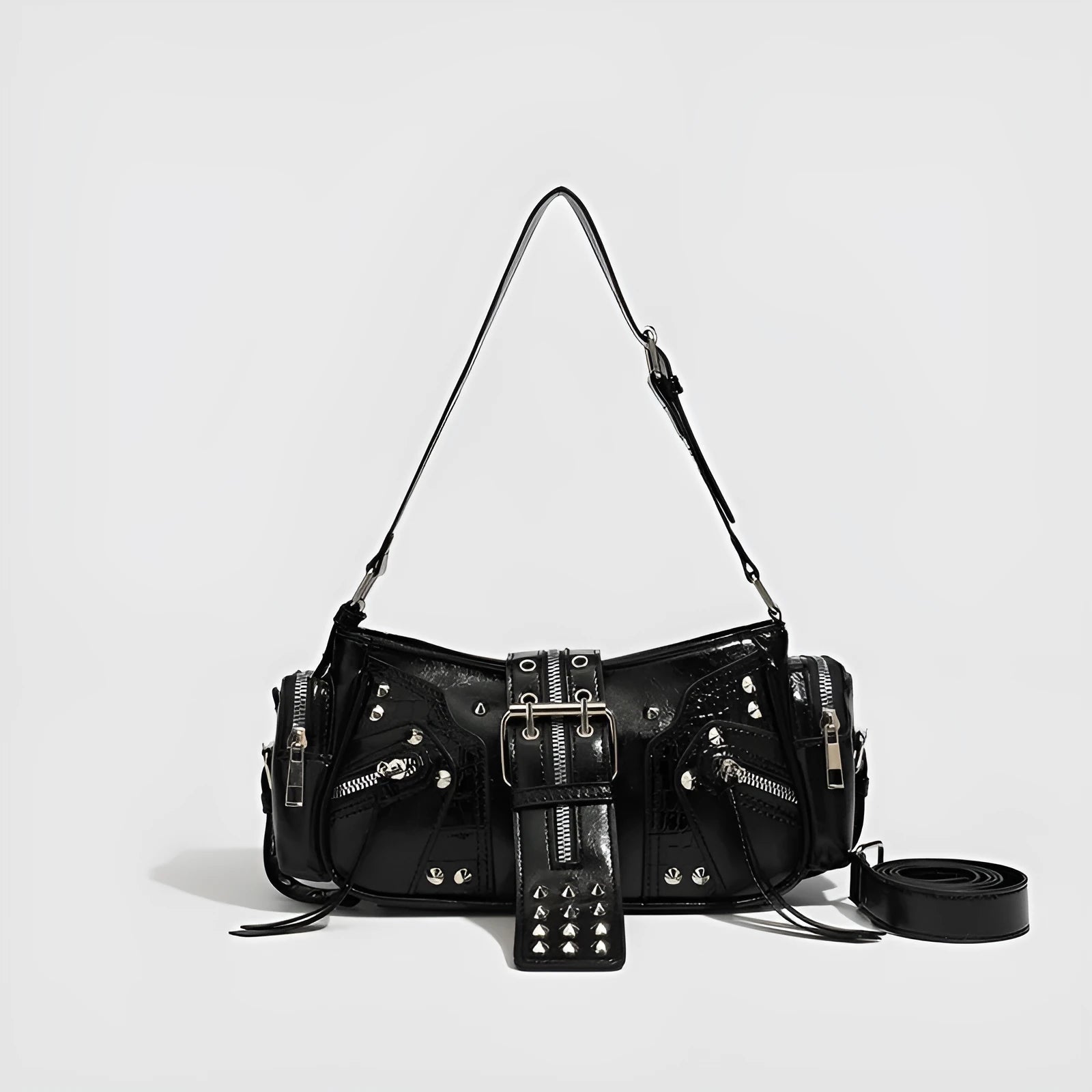 Black retro PU leather dumpling handbag with oil wax finish and three-dimensional pocket