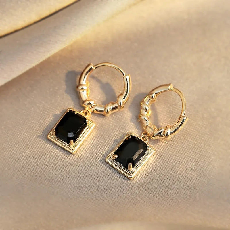 French court retro black zircon earrings with geometric quadrilateral copper construction