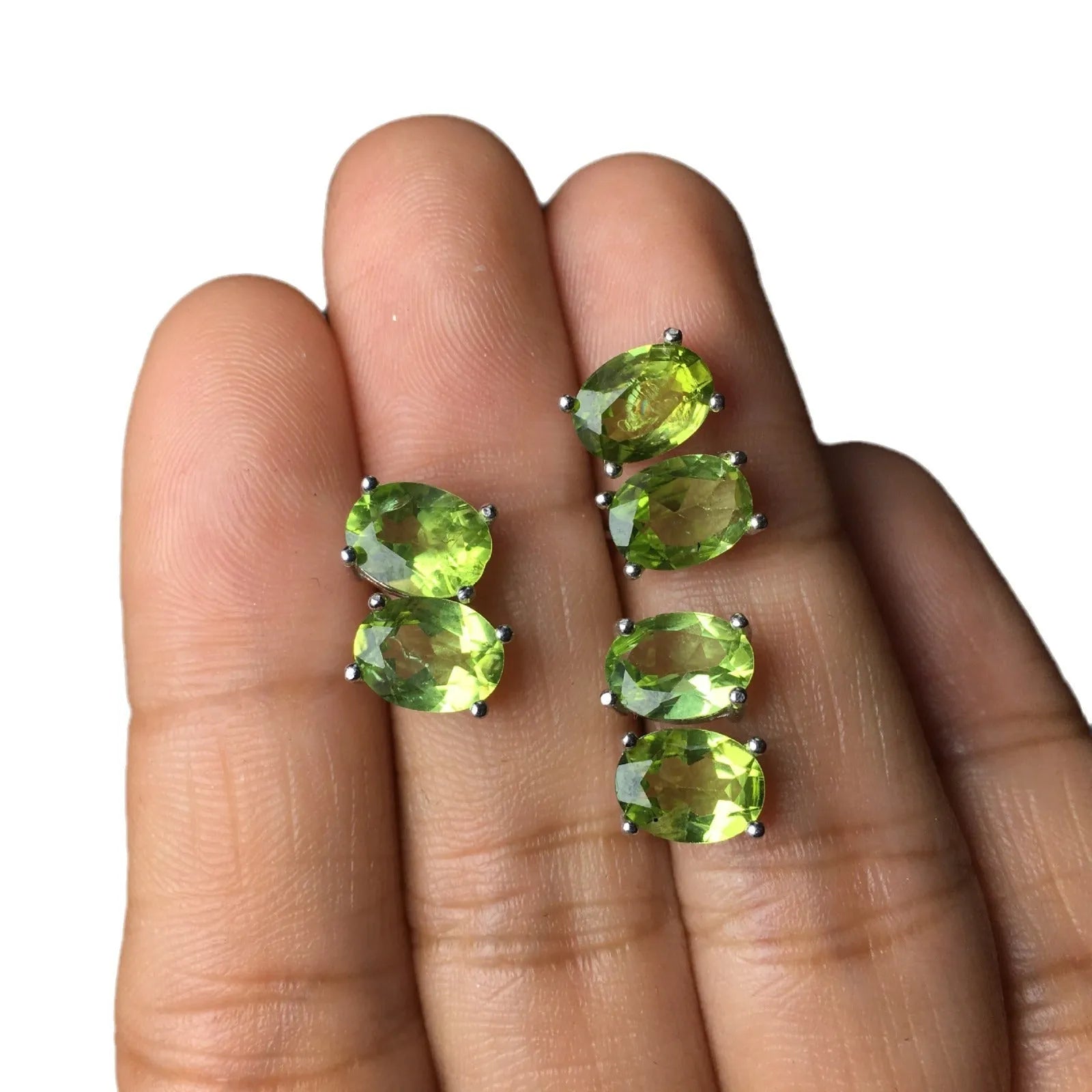 Grass green natural olivine stud earrings with geometric faceting in S925 sterling silver settings