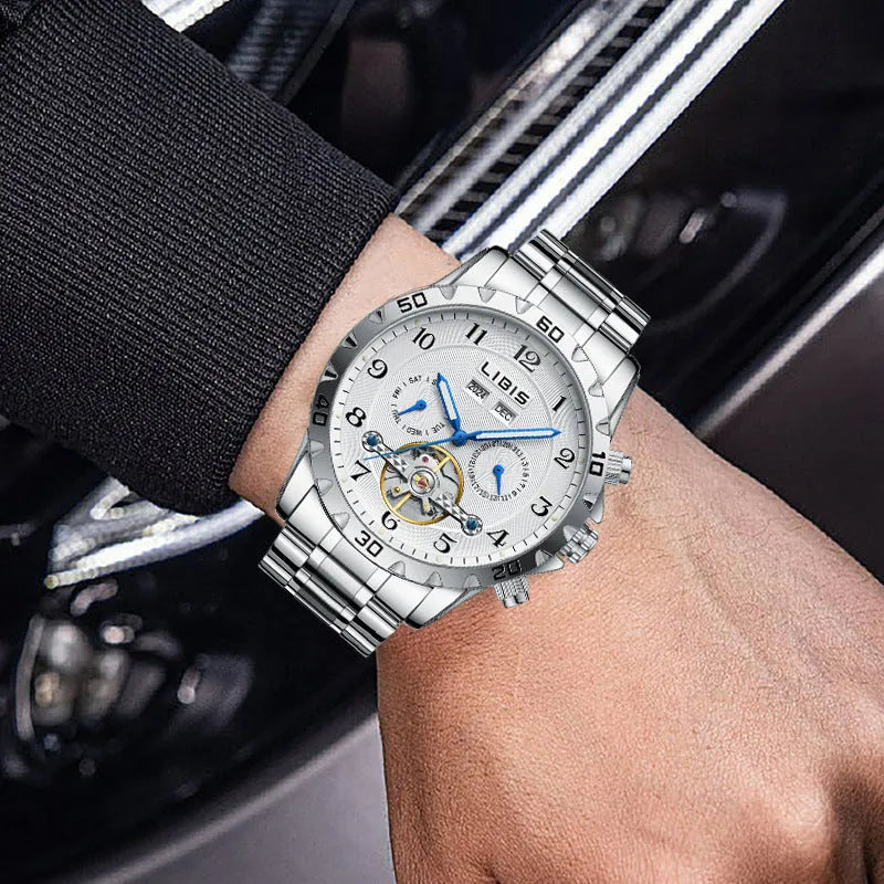 Men's automatic perpetual calendar mechanical watch with stainless steel silver belt and sapphire crystal