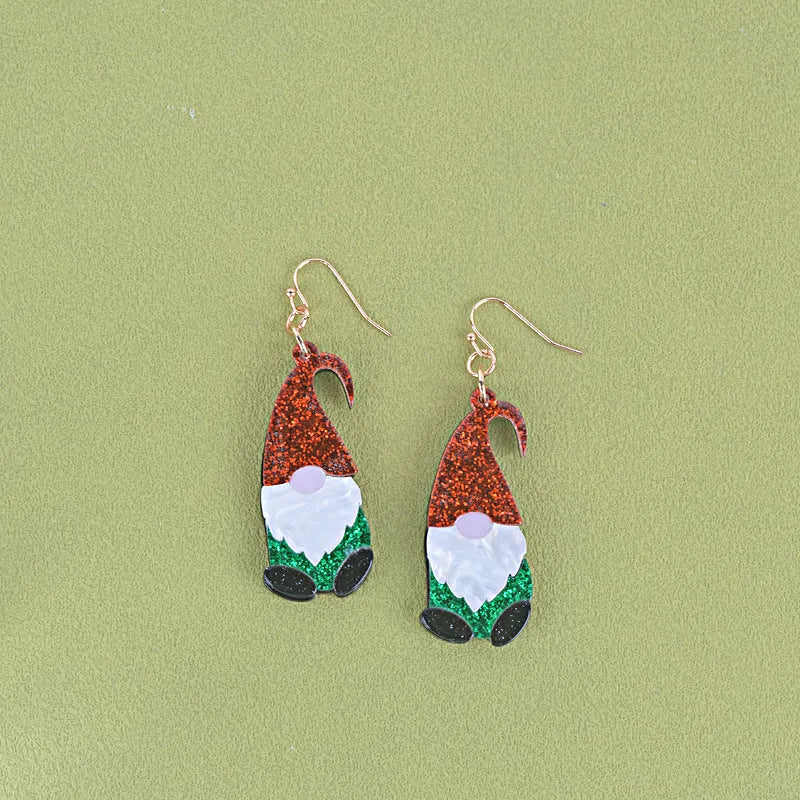 Acrylic Santa Claus cartoon character fashion earrings showing red, green, and red-green hat style options.