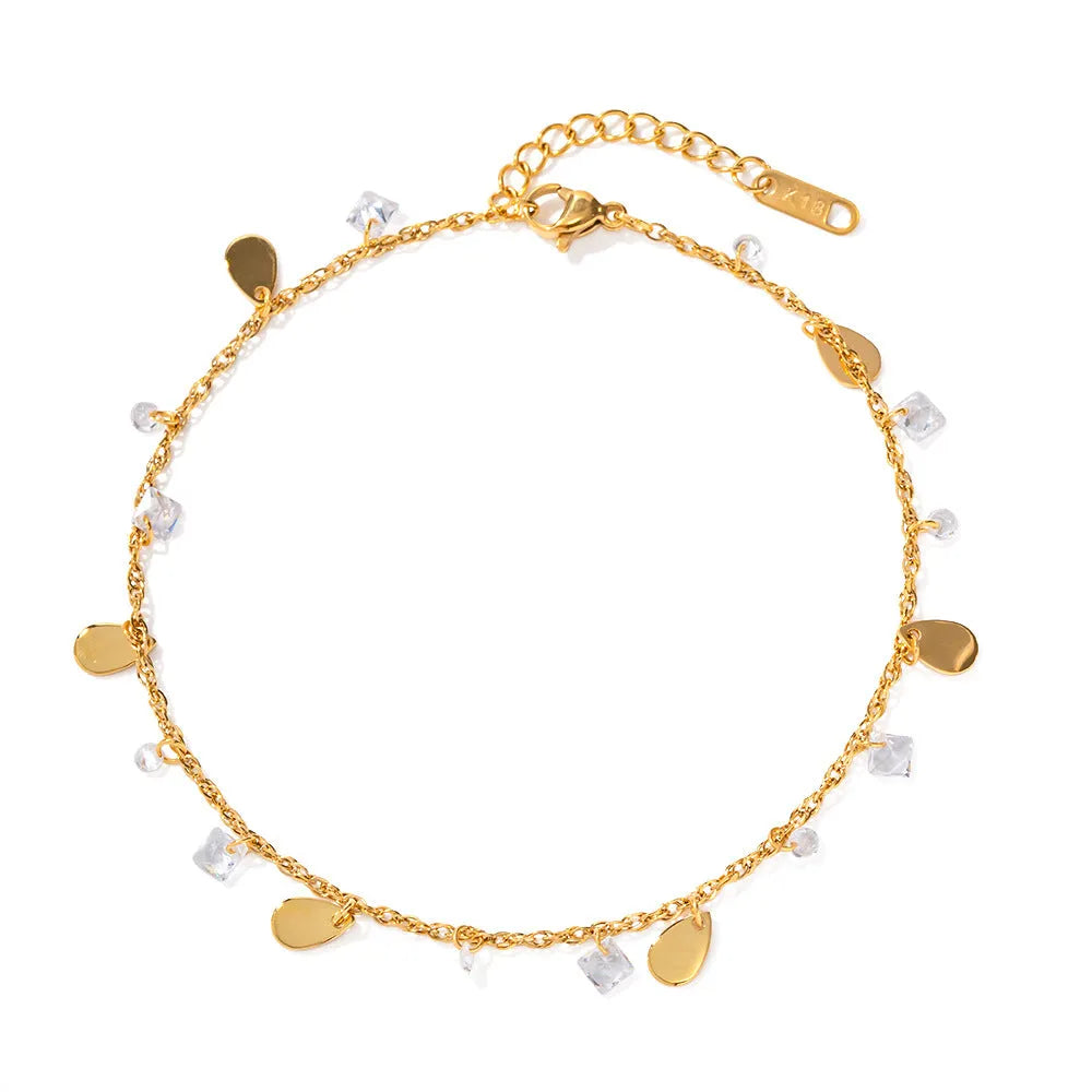Women's stainless steel anklet with water drop charm and geometric tassel design