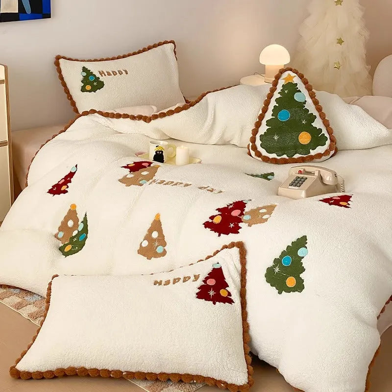 Bright yellow fleece-lined bedding set with cartoon Winter Christmas tree pattern