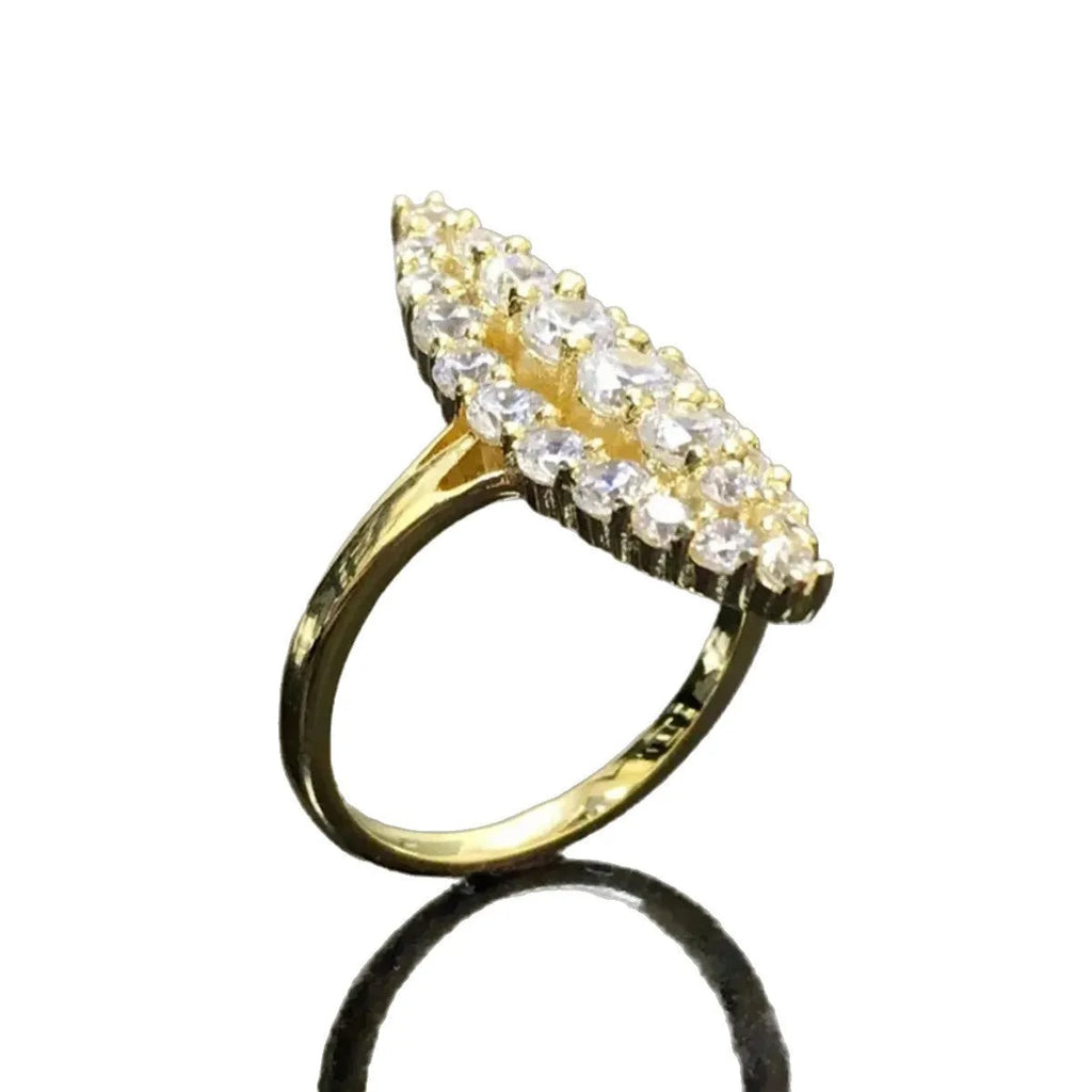 Gold electroplated copper women's ring with geometric full diamond design, sizes 5 to 11