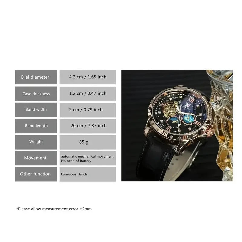 Men's automatic mechanical watch with hollow dial, rose gold case, black face, and leather strap