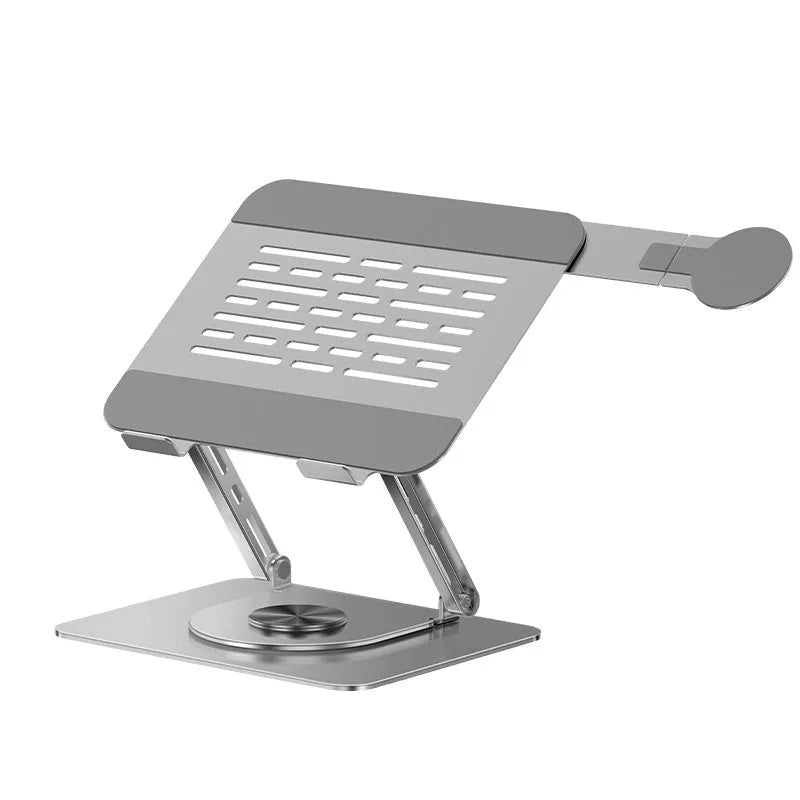 Silver carbon steel laptop stand with a rotatable magnetic phone holder attached, shown supporting a laptop.