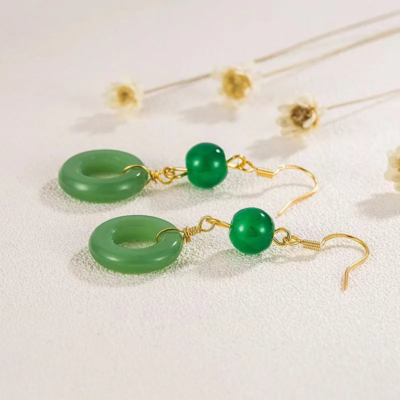 Geometric peace buckle earrings in jade green with 14K gold plating and Chinese cheongsam design