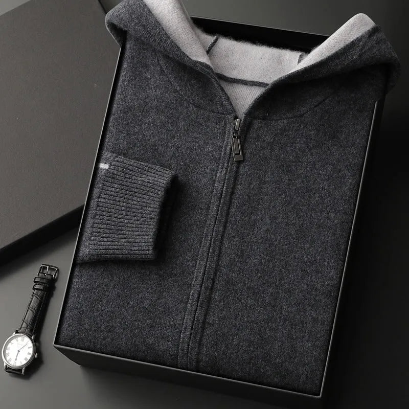 Man wearing a dark blue cashmere cardigan with a half-high collar and front zipper.