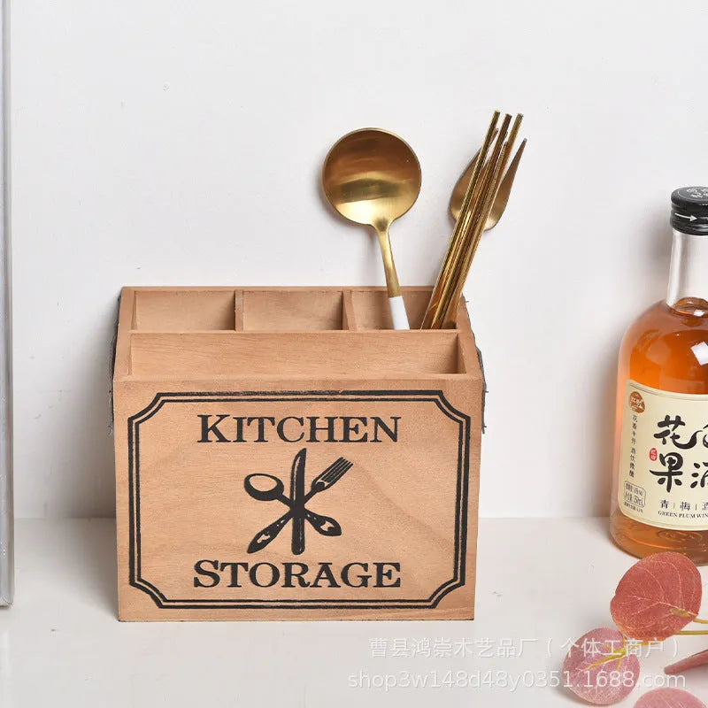 Wooden cutlery storage box with divider grid measuring 12.5cm by 12.5cm by 23cm