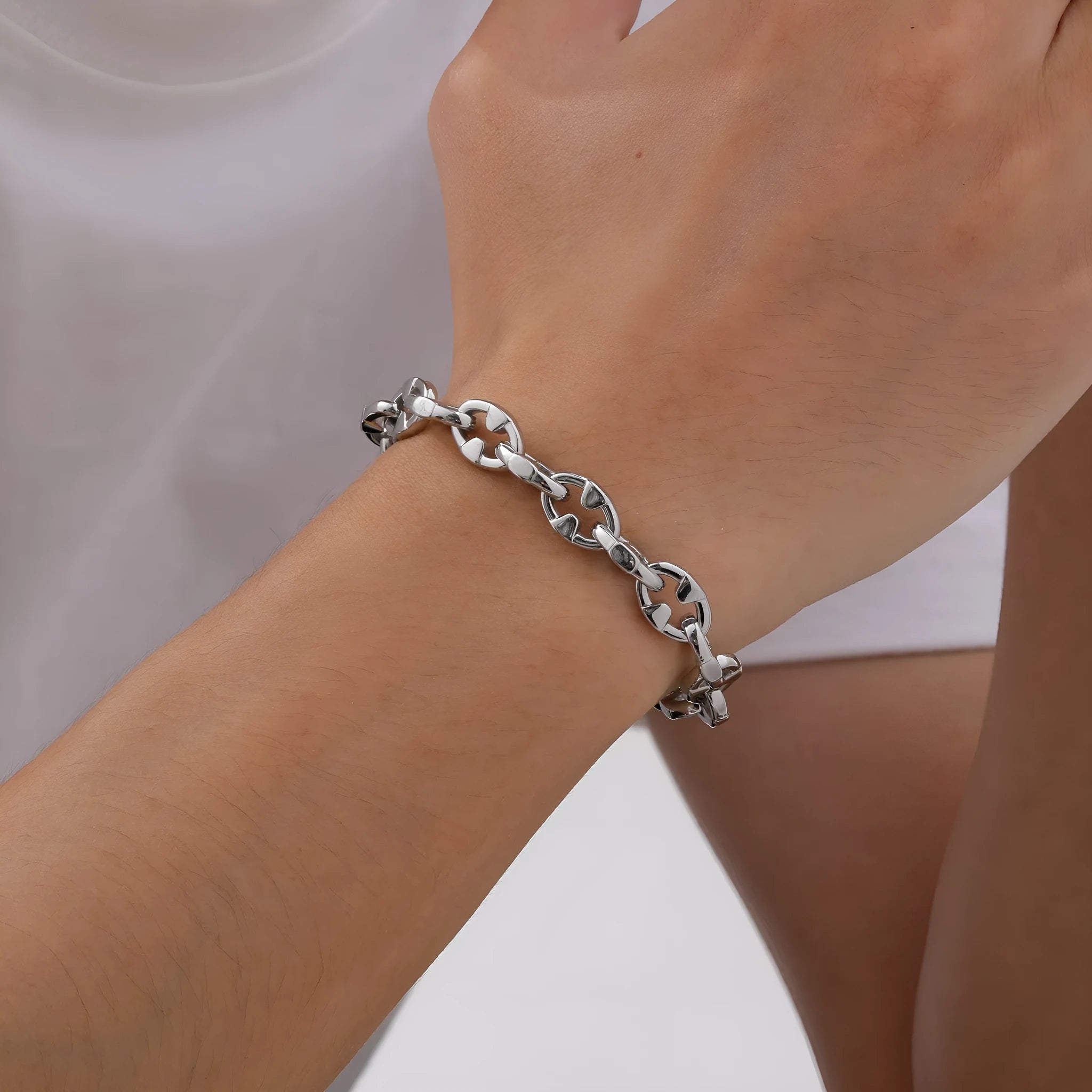 Handmade thick stainless steel geometric chain bracelet in steel colour for men's hip hop style.