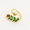 Copper open ring with geometric leaf design micro-inlaid detailing, adjustable split ring for women