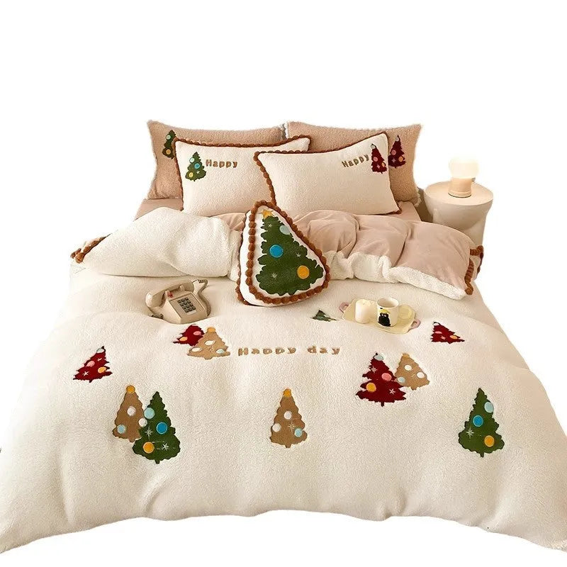 Bright yellow fleece-lined bedding set with cartoon Winter Christmas tree pattern