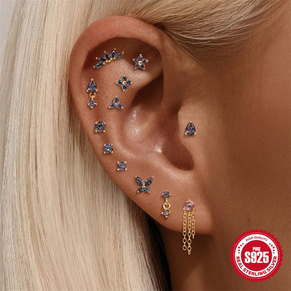 S925 sterling silver pierced earrings with rainbow stone and geometric design in gold colours