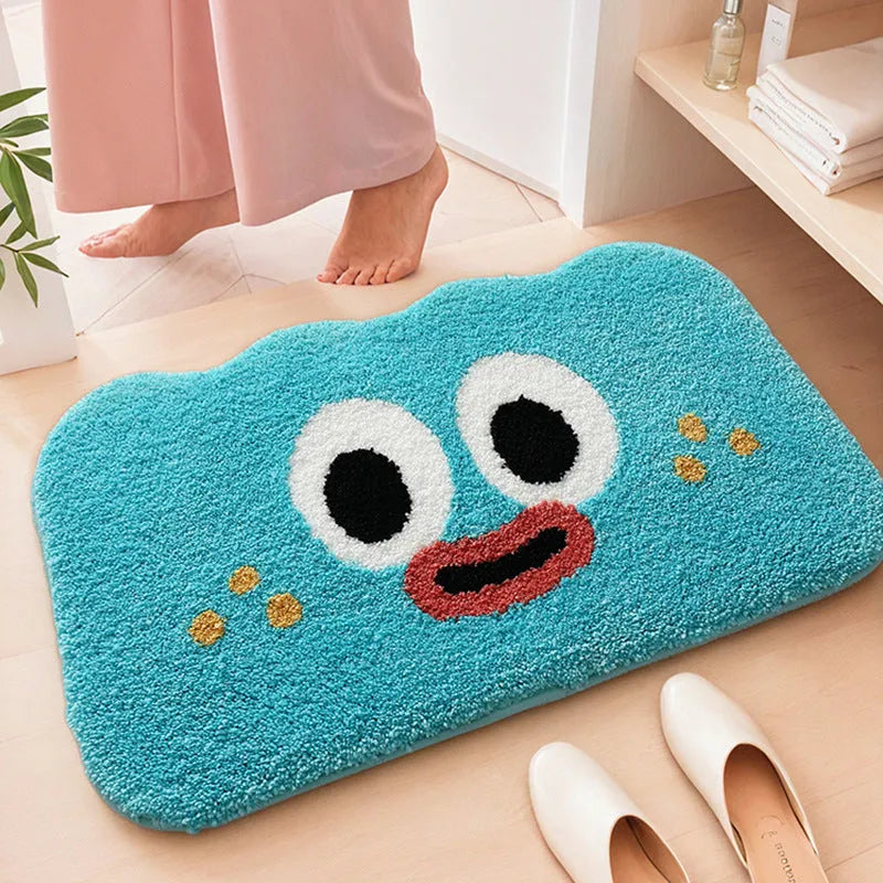 Colourful cartoon anime character design printed on a rectangular polyester bathroom mat.