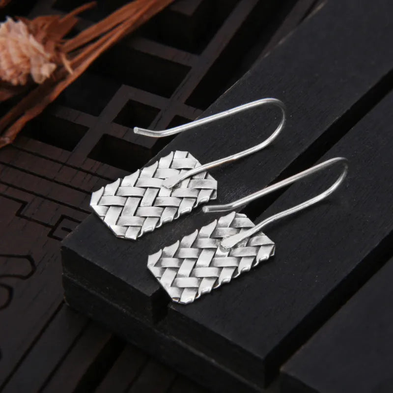 Silver geometric woven diamond plaid earrings with 925 silver construction