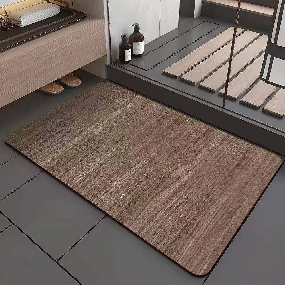 Square diatomaceous earth bathroom floor mat with wood grain pattern on bathroom tiles