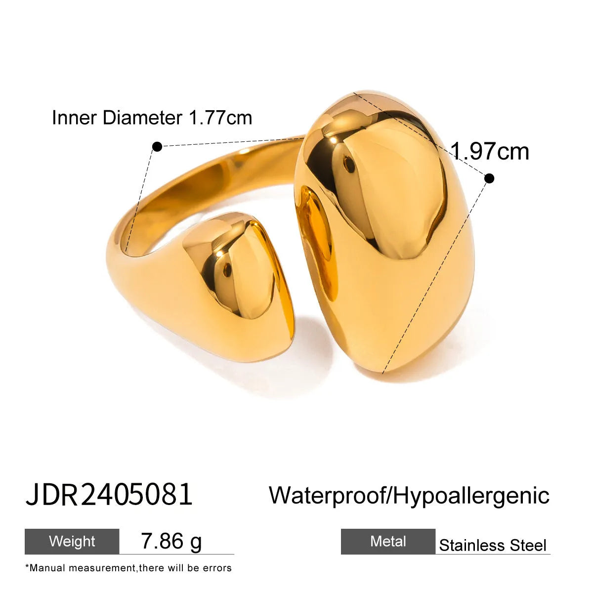 Exaggerated geometric open ring for women in stainless steel with a metallic finish.