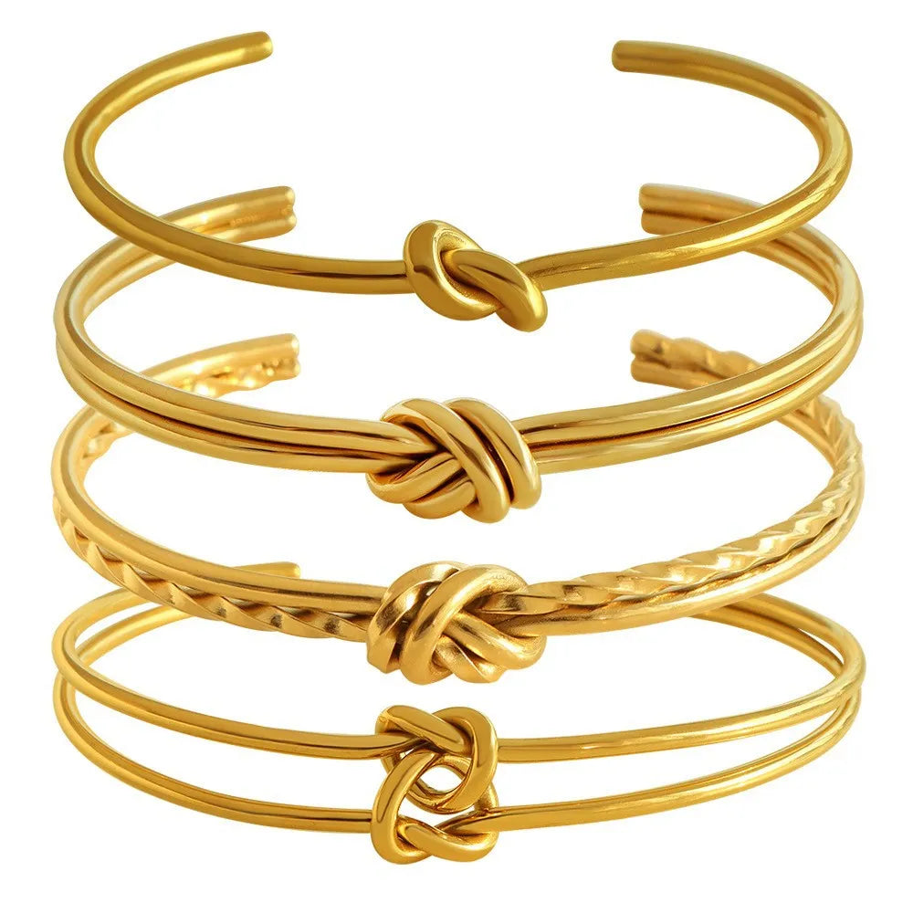 Adjustable stainless steel C-shaped bracelet with double-layer knotted design in gold or silver finish