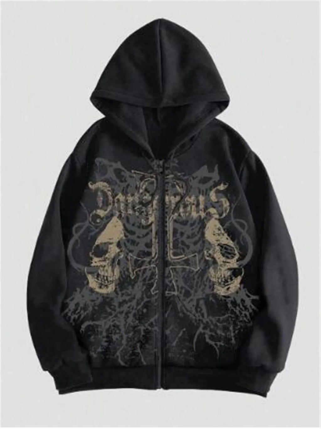 Black Harajuku hooded sweatshirt with skull pattern hot stamp printing on cotton blend fabric