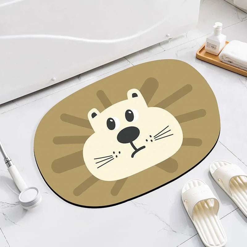 Thickened diatom ooze absorbent bathroom mat with cartoon animal design on a bathroom floor.