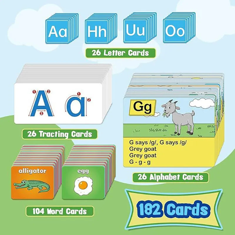 Alphabet learning chart sleeve table with word cards, letter cards, and picture cards for home education.