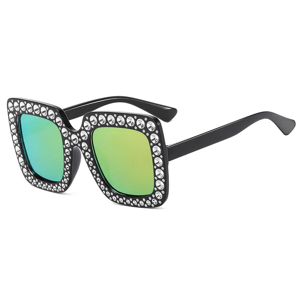 Plastic fashion sunglasses in a box showing various frame and lens colour options.
