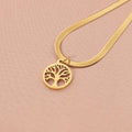 Stainless steel lucky tree pendant necklace on snake bones chain with U-shaped clasp, shown in gold and steel colour options.