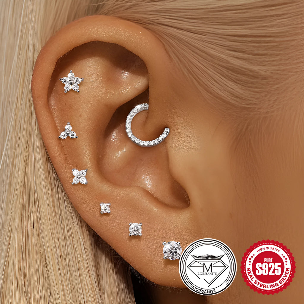 S925 sterling silver geometric petal diamond debris stud earrings with clip-on fastening.
