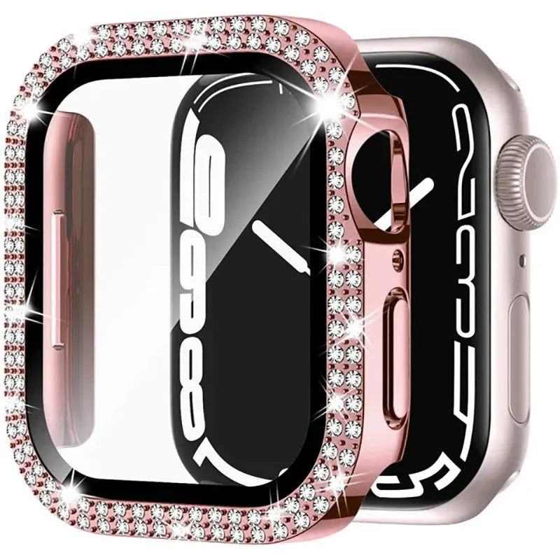 Apple Watch case with Double Diamond Glass privacy screen in Rose Pink colour for a 44mm model.