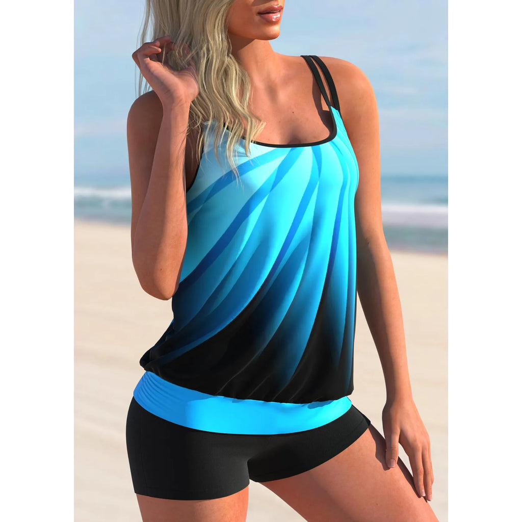 Plus size women's two-piece swimsuit with butterfly print sling top and matching polyester shorts in conservative style