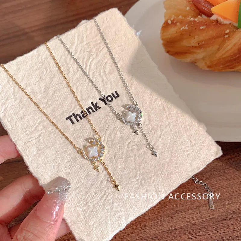 Gold or silver women's necklace with star moon zirconium pendant on adjustable chain.