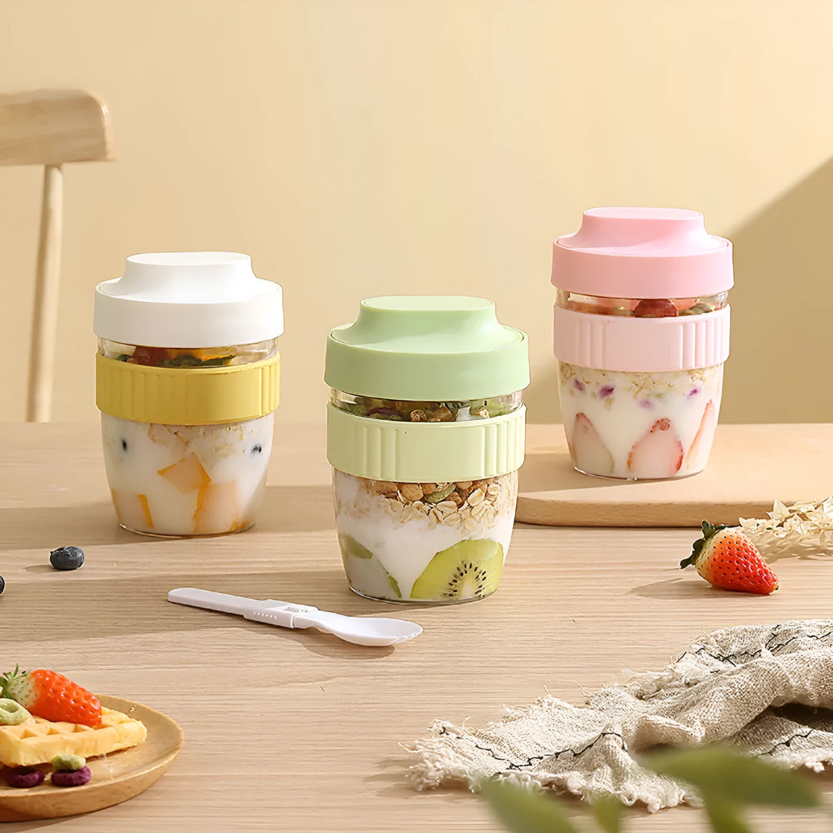 Green PP plastic salad cup with integrated lid and spoon showing 480ml capacity measurement