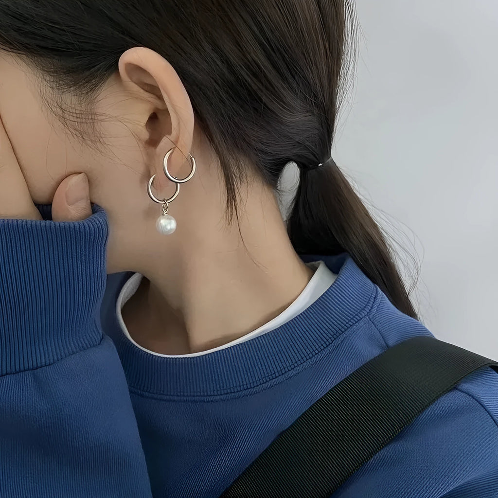 Women's geometric pearl earrings with hip hop style and titanium steel posts