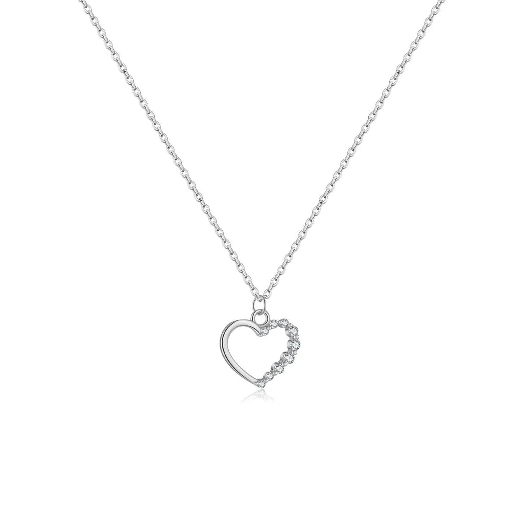S925 sterling silver hollow heart necklace with 18K gold or white gold plating and regular chain style for women