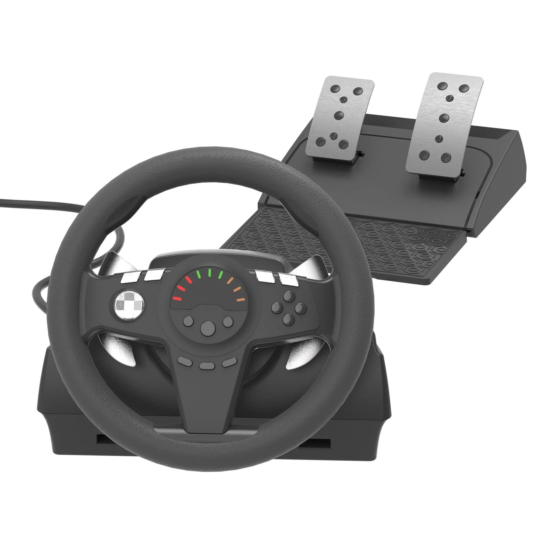 Black multi-platform racing game steering wheel with two pedals, paddle shifters, and LED display