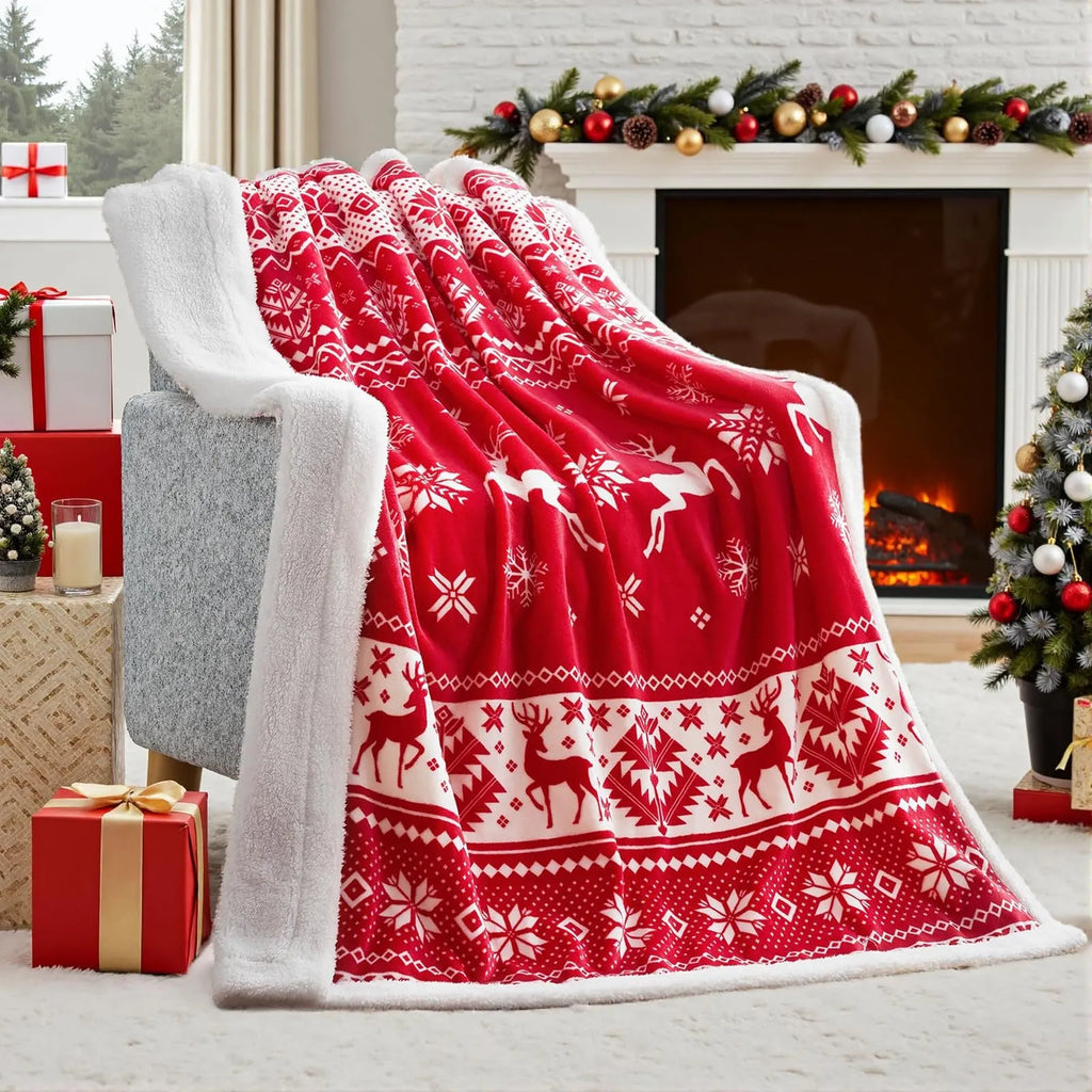 Polyester fibre Christmas blanket in soft flannel texture, showing plush construction with size options from 70cm to 264cm