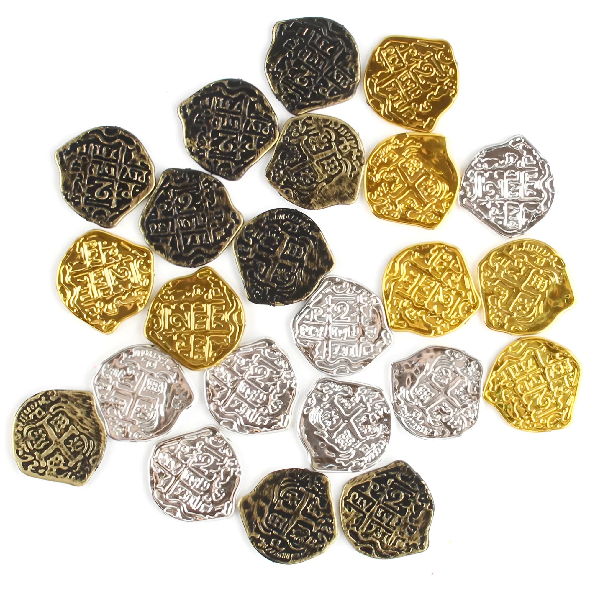 Set of 100 plastic replica Roman coins in antique gold, silver, or bronze electroplated finish for pirate treasure props