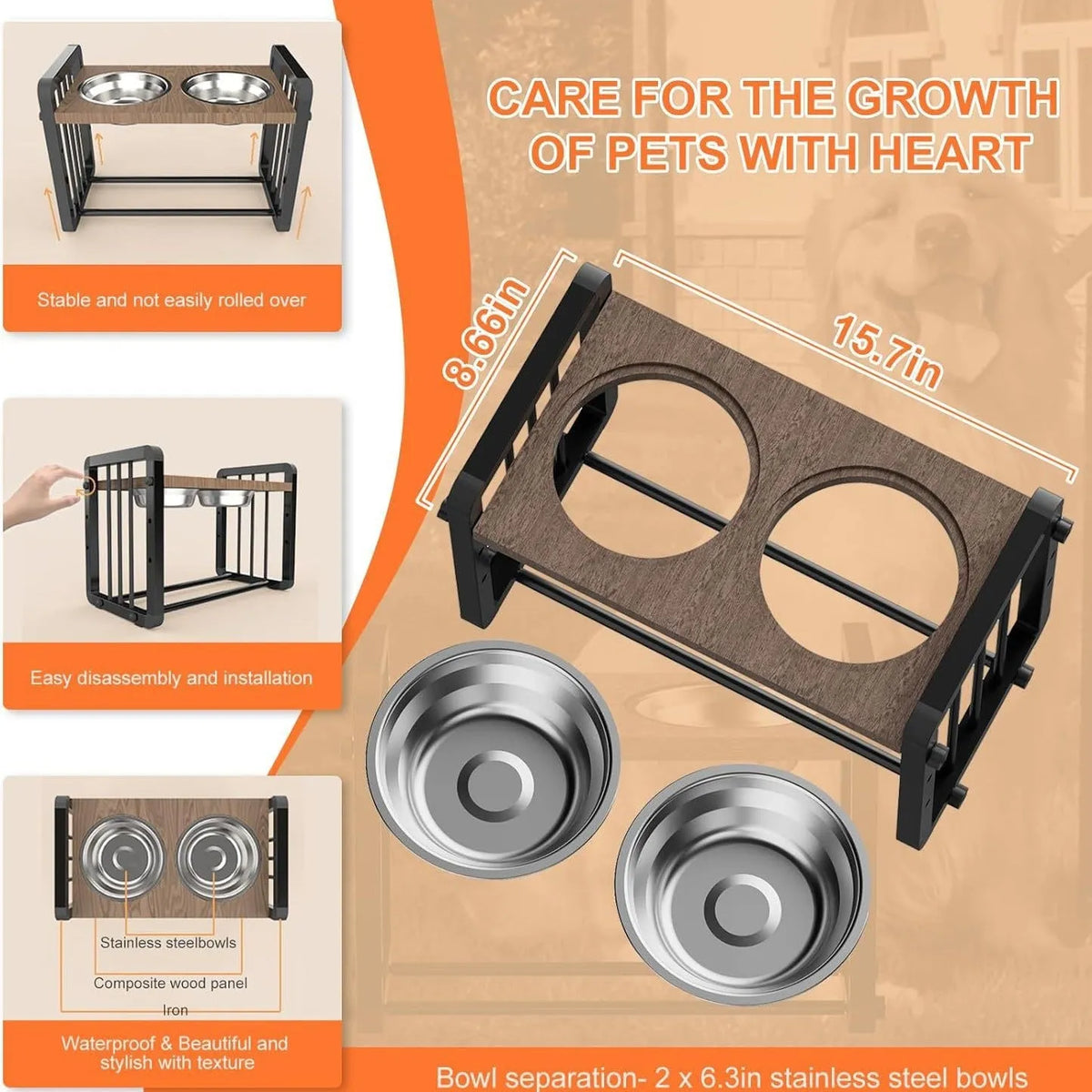 Black wooden dog bowl stand bracket on a floor holding food and water bowls.