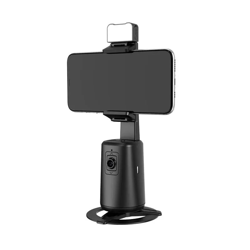 Black desktop phone bracket with face tracking, rotating camera head, and ribbon lighting for mobile phones