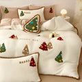 Bright yellow fleece-lined bedding set with cartoon Winter Christmas tree pattern