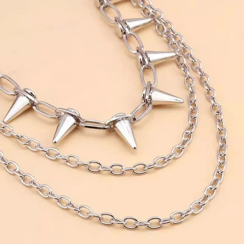 Silver punk fashion pants chain with double-layer rivet design measuring 115cm length