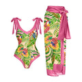 Women's solid colour one-piece swimsuit with spaghetti straps and a matching removable skirt.