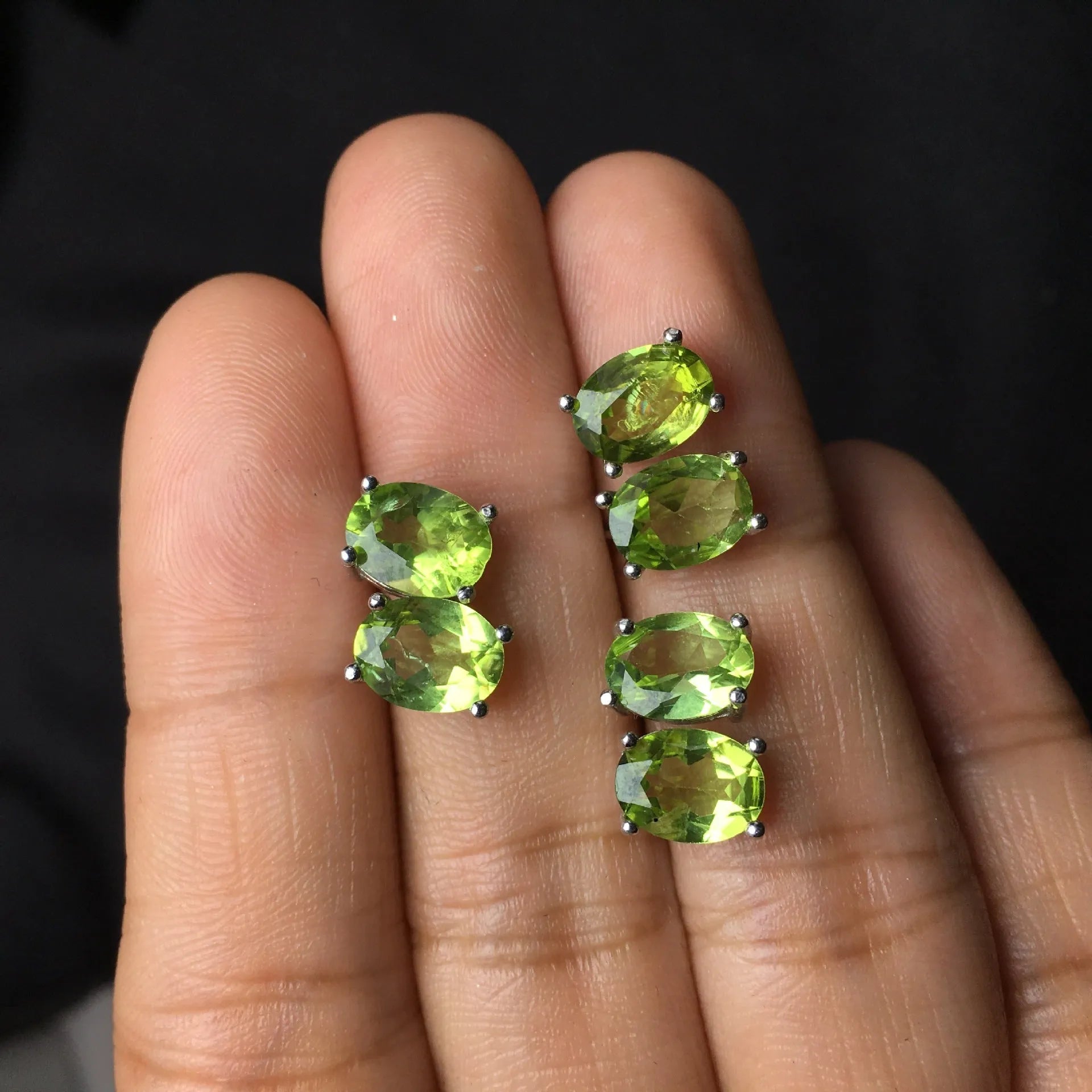 Grass green natural olivine stud earrings with geometric faceting in S925 sterling silver settings
