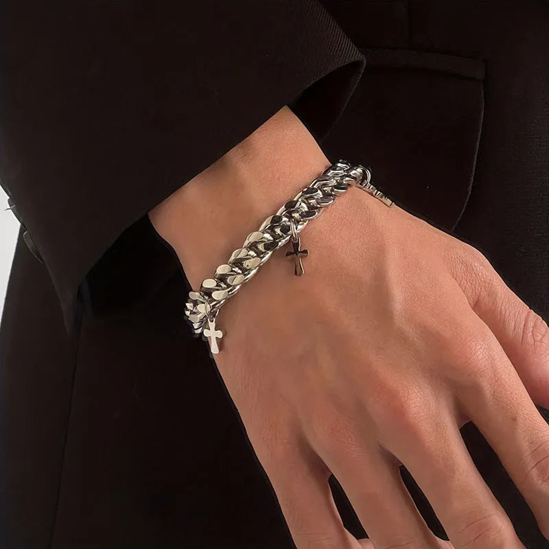 Men's titanium steel bracelet with geometric cross design in dark colour