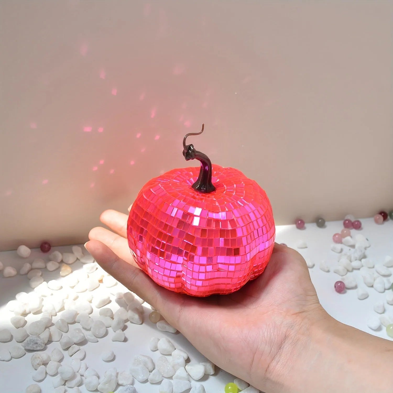 Chinese style glass pumpkin mirror decoration in bionic design for Halloween and home decor.