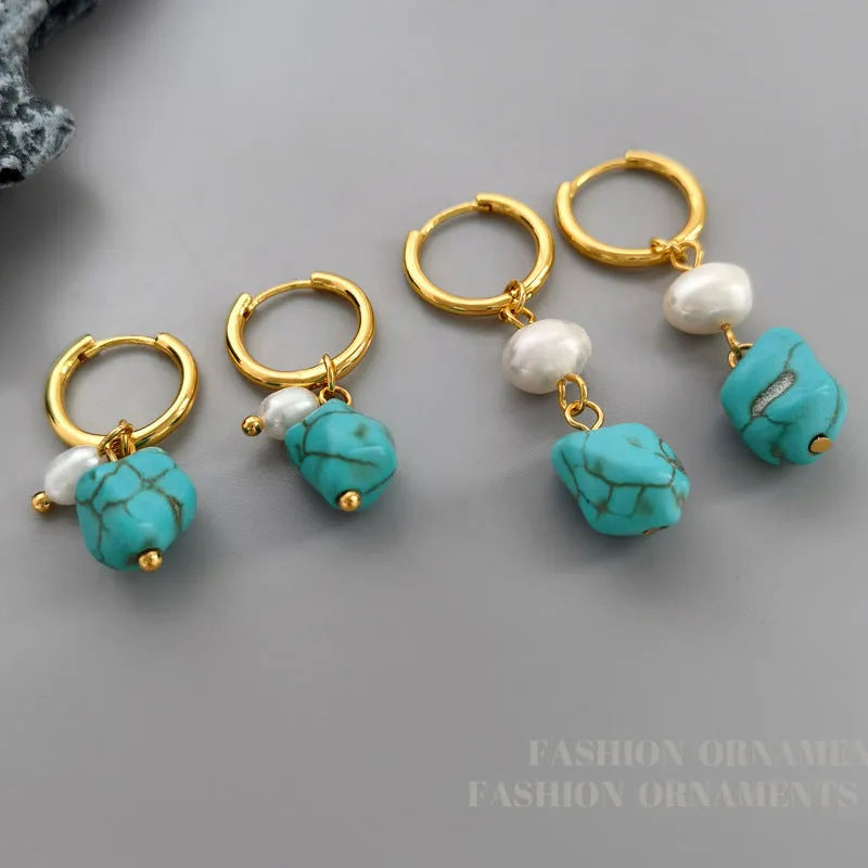 A pair of geometric copper ear clips with irregular turquoise cultured pearls, shown in short and long style options.