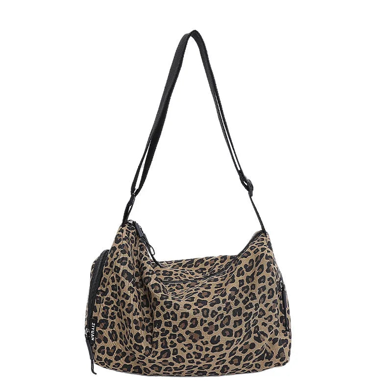 Large leopard print sports messenger bag with stripes design and cross-body strap